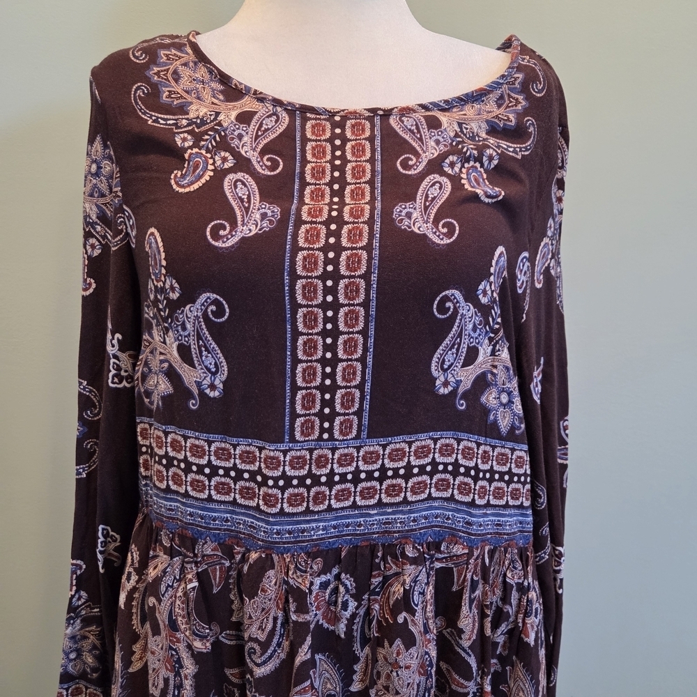 Knox Rose XL Boho Paisley Print Long Sleeve Shift Dress Brown Blue - Picture 6 of 14